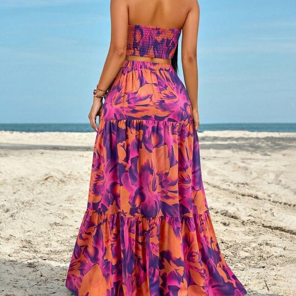 Purple Boho Women's Ruched Side Twist Bandeau Top And Split Thigh Skirt Set - Picture 2 of 6